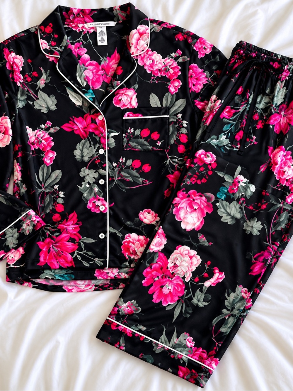 Victoria’s Secret Floral Satin Pajama Set Small | Black Pink Rose Sleepwear Set